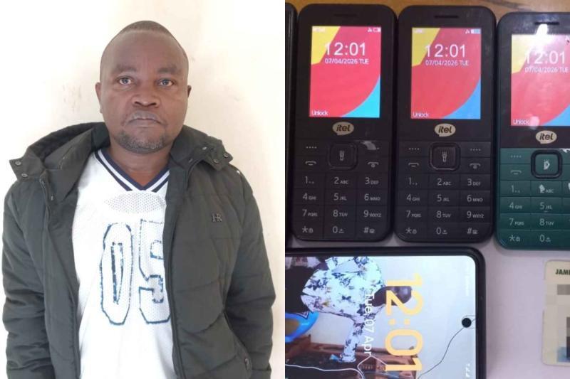 Collage image of Morris Kithinji Tirimiti and recovered mobile phones.